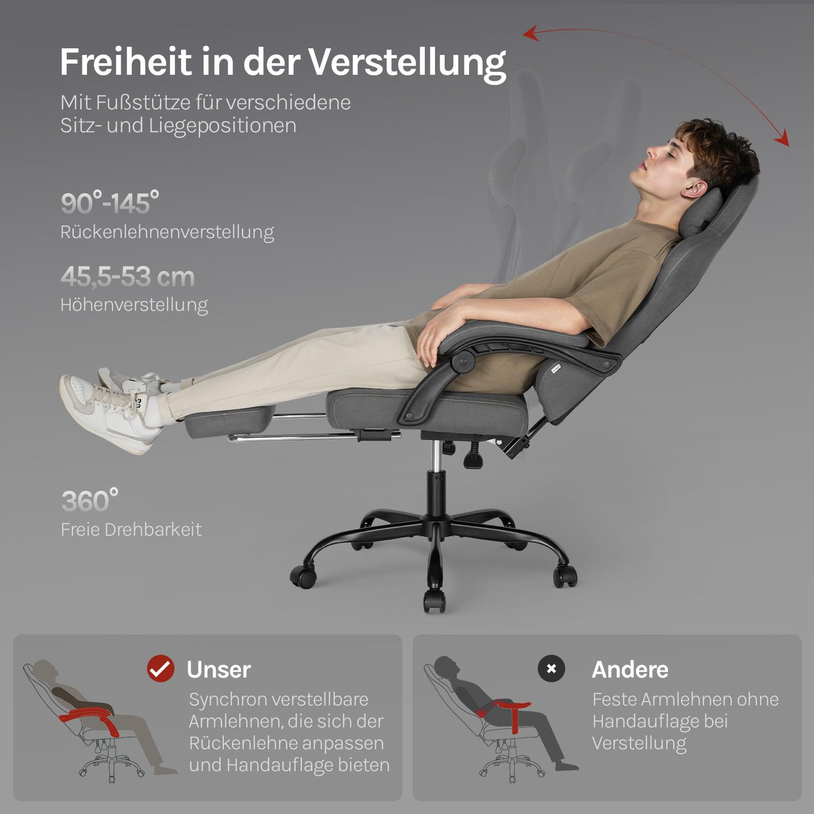 WOLTU Gaming Stuhl mit Massagefunktion, Computerstuhl Ergonomisch, Taschenfederkissen, Lendenmassage, Kopfkissen, Fußstütze, Drehstuhl, 150 kg, Tech-Stoff, Grau+Gelb