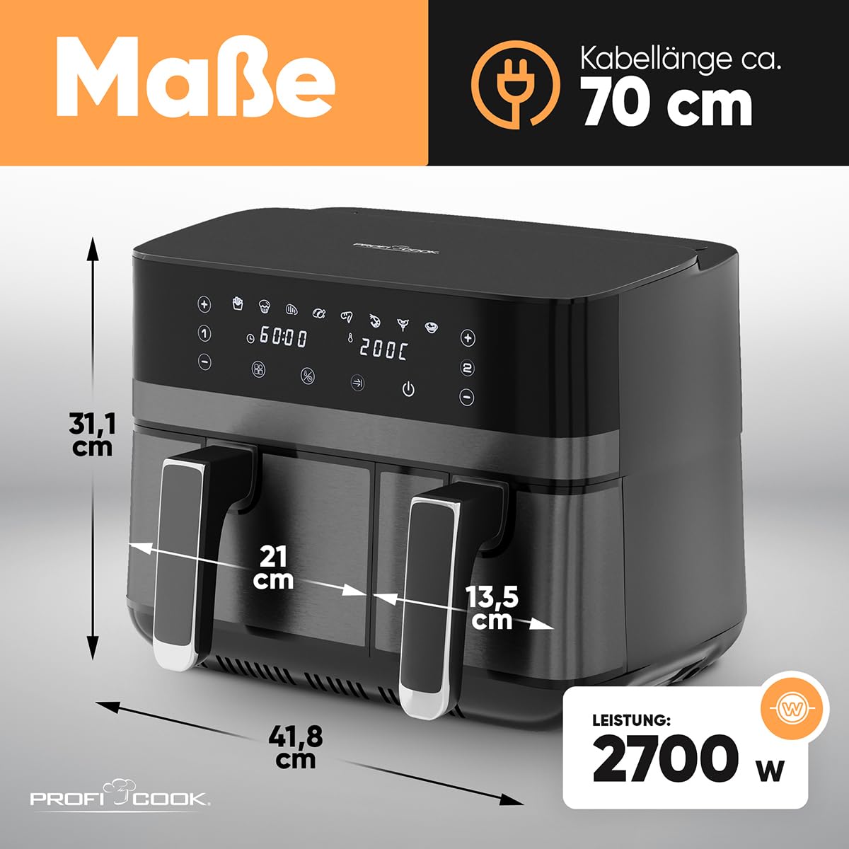 Proficook, Frytkownica na gorące powietrze 9 l PC-FR1295H Czarna - podwójna komora 2700 W, 2 tace (5,5 l + 3,5 l), 8 programów automatycznych, sterowanie dotykowe, powłoka nieprzywierająca