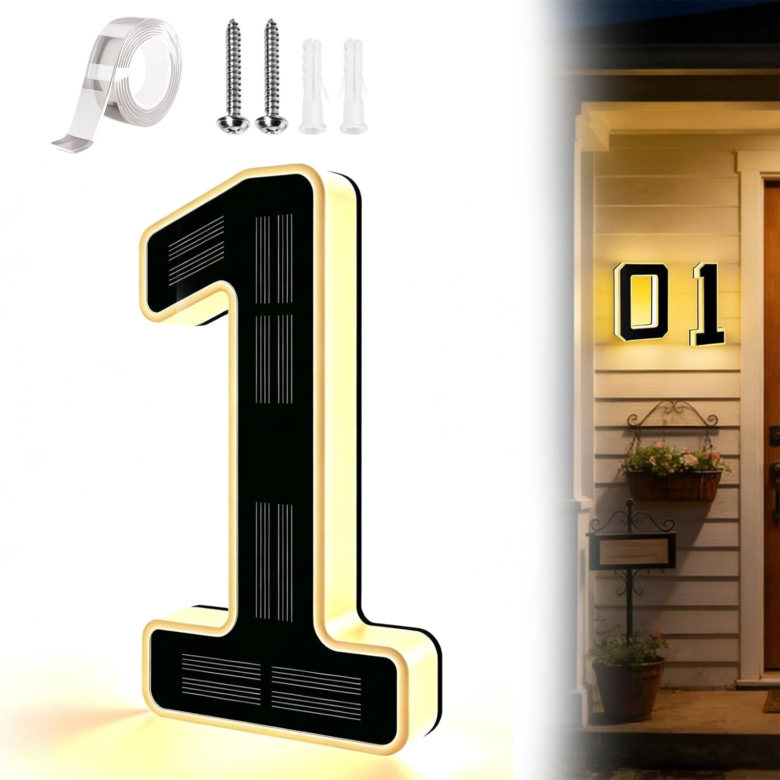 Solar Lighted House Numbers for Outside, Large 9 Inch Waterproof LED Address Numbers Signs, Modern Solar Powered Illuminated House Number Plaque for Exterior Night Visibility (1)
