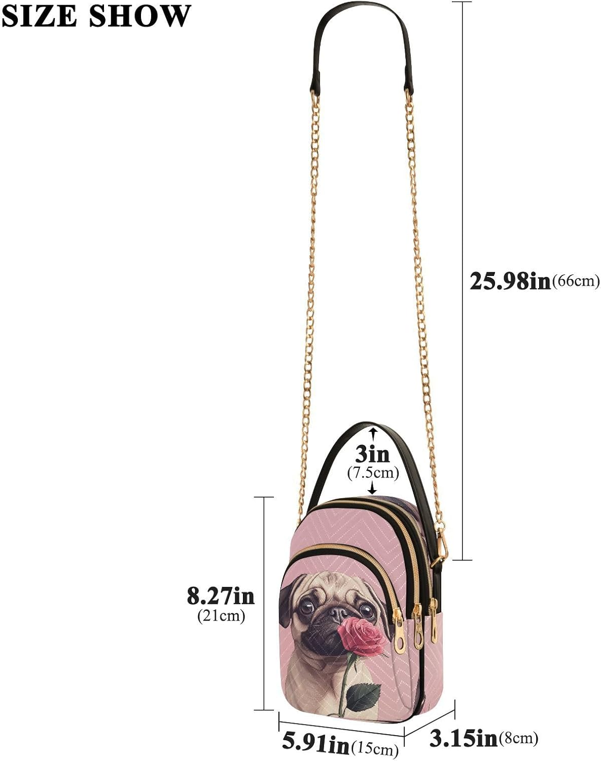Pug Pink Rose Dog Crossbody Bag for Women Shoulder Handbag Ladies Purse Cell Phone Tote Bags