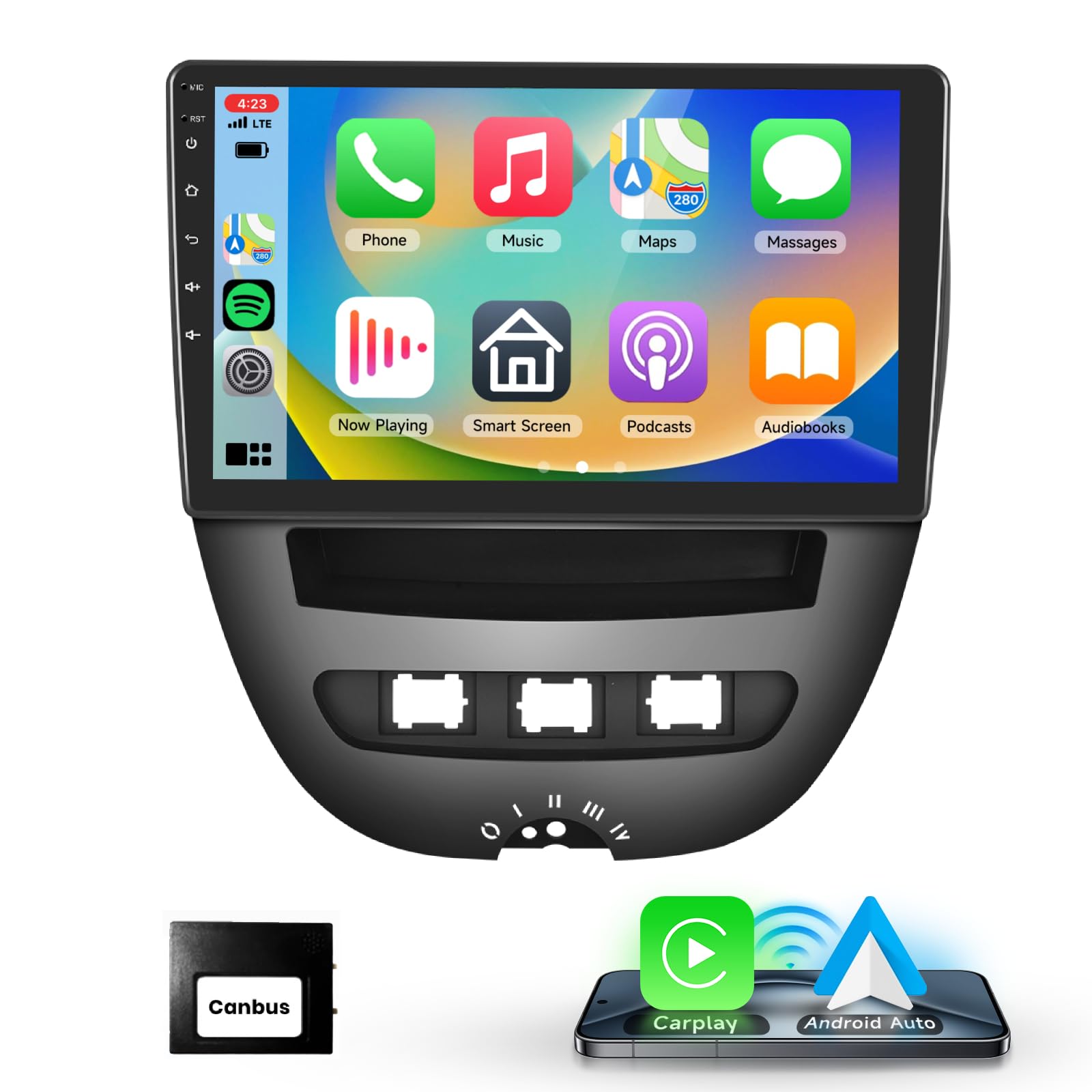 Autoradio sans fil Carplay pour Citroën C1/Toyota Aygo/Peugeot 107 2005-2014, Podofo écran tactile 10,1 pouces Android avec Android Auto sans fil, Bluetooth/GPS/WiFi/FM/RDS/HiFi/USB/Contrôle du volant