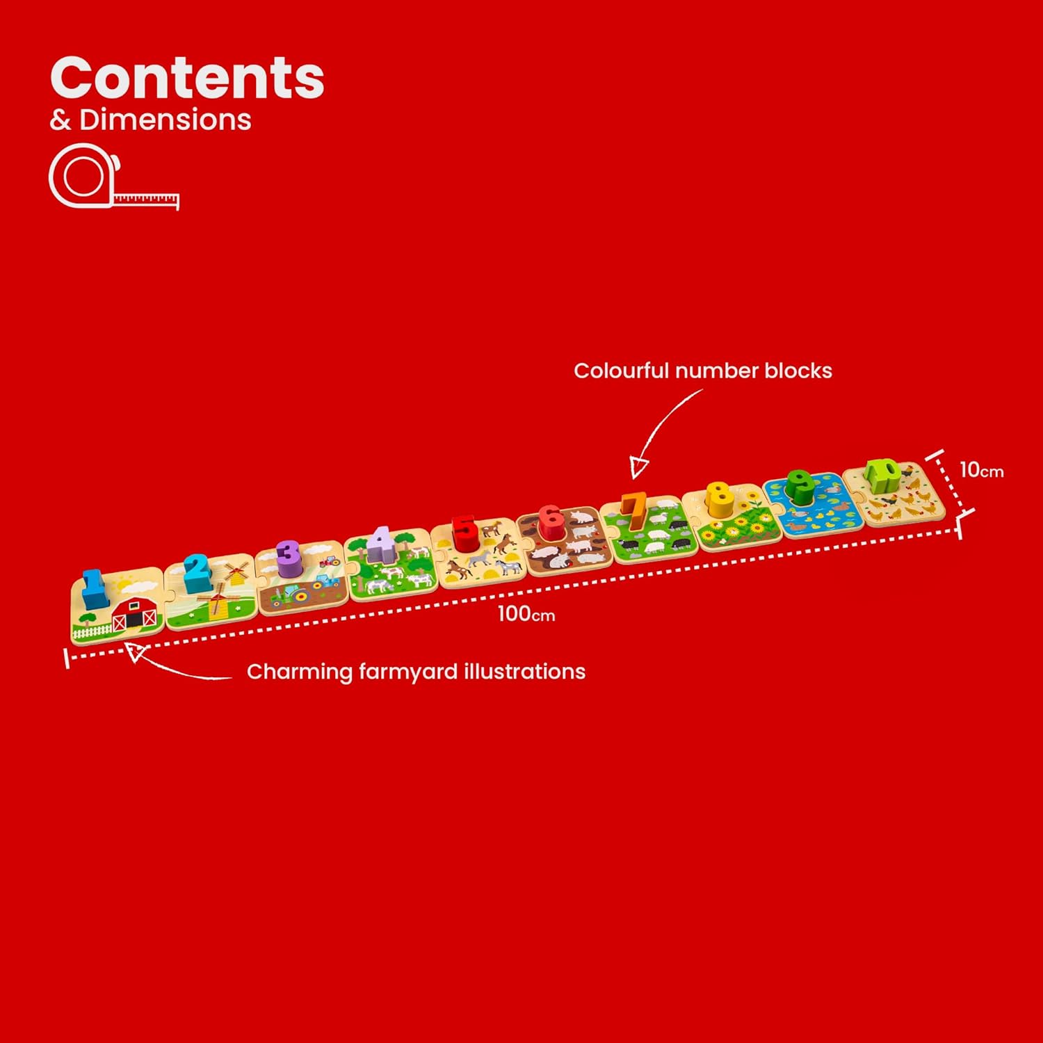 Bigjigs Toys 1-10 Tile Puzzle (20 Pieces) - Wooden Counting & Number Puzzles for Kids, Farmyard Themed Tiles, Montessori Maths Games, Sustainable Toddler Gifts, Age 2 Years +