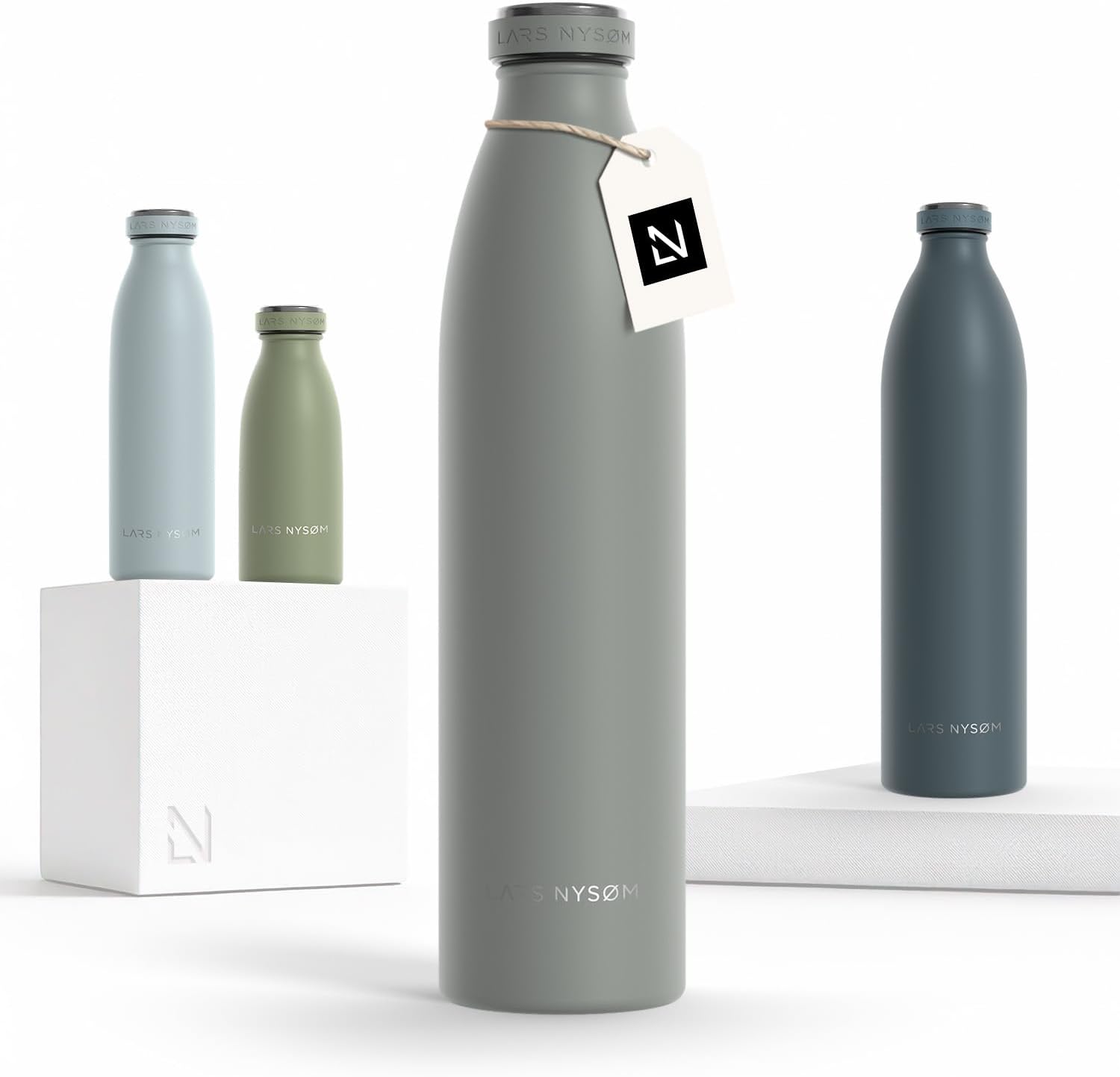 LARS NYSØM Stainless Steel Insulated Water Bottle 12oz 17oz 25oz 34oz 51oz | Insulated Thermo Flask for Hot and Cold Beverages | Leakproof Drinking Bottle (Ash Gray, 33.9oz)