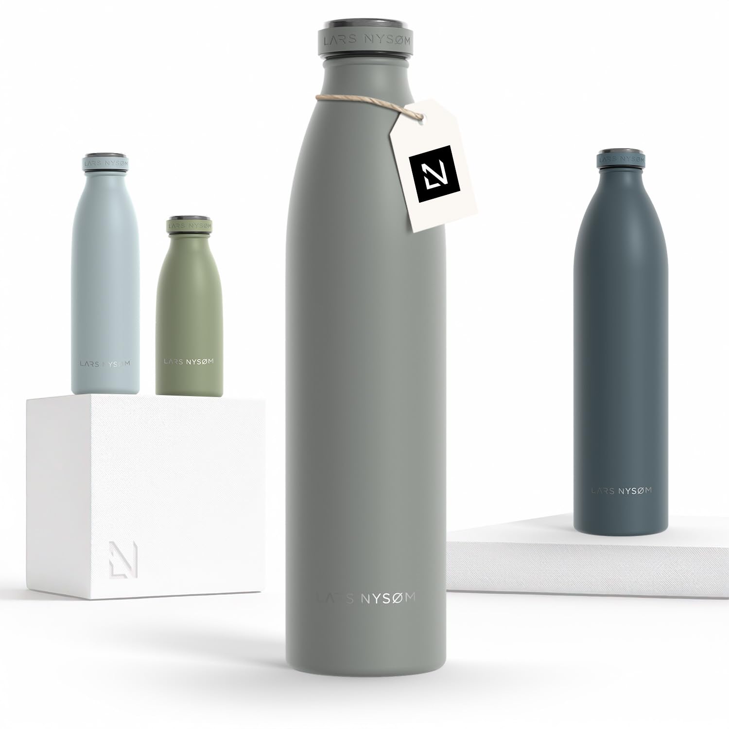 LARS NYSØM Stainless Steel Insulated Water Bottle 12oz 17oz 25oz 34oz 51oz | Insulated Thermo Flask for Hot and Cold Beverages | Leakproof Drinking Bottle (Ash Gray, 33.9oz)