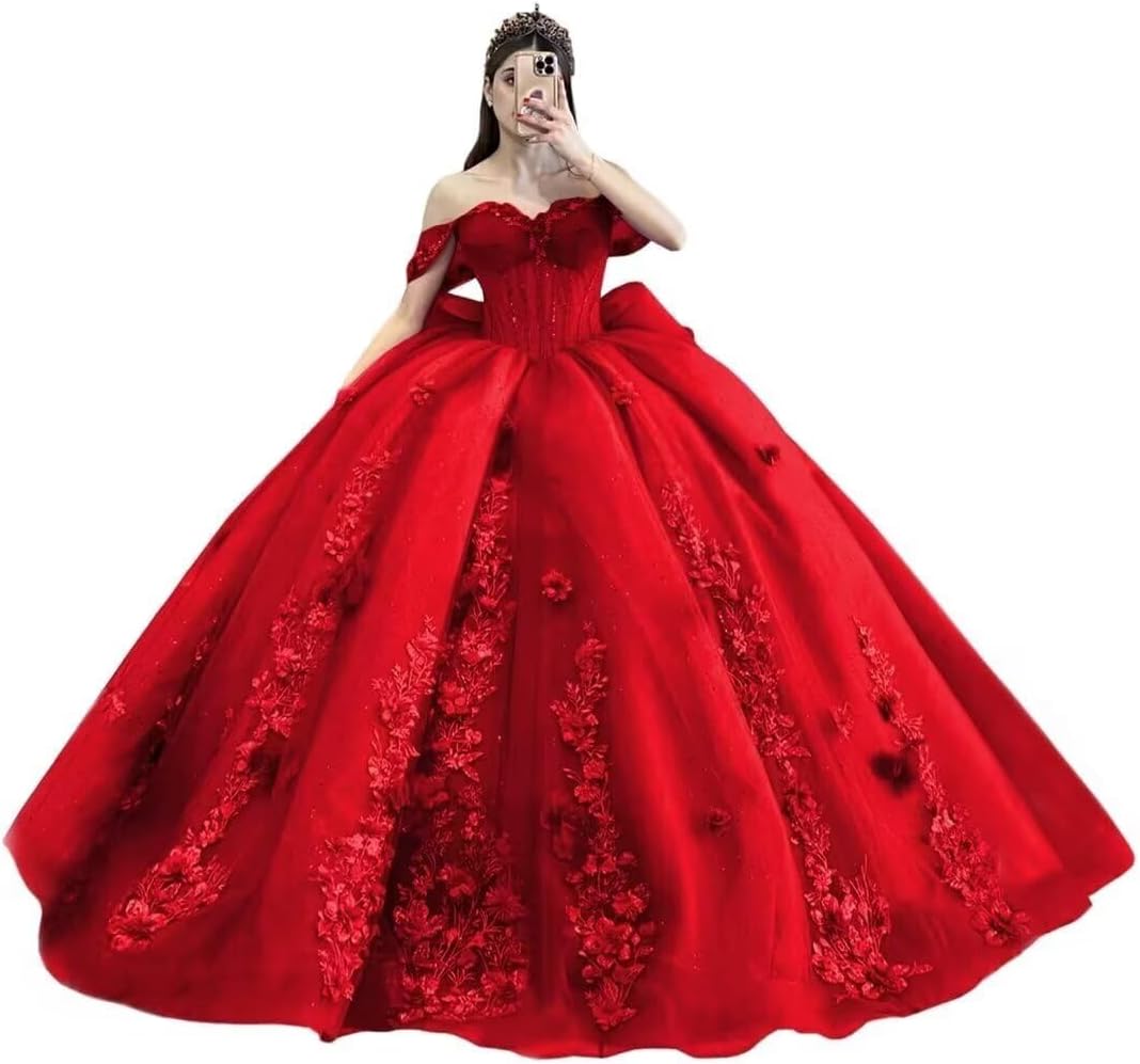 Women's Off Shoulder Quinceanera Dresses Puffy Tulle Sweet 16 Dress with Train Lace Beaded Ball Gowns with Bow