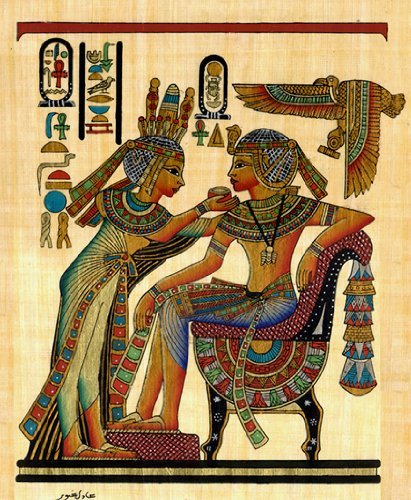 Adel Ghabour Egyptian Hand-Made Papyrus Painting - Tutankhamun And His Beautiful Wife - Oil on Wood - Rectangular Art Print - Landscape - Unframed - Living Room, Dining Room, Home Office