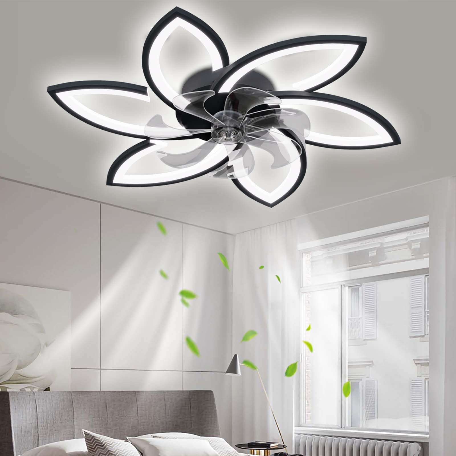 Modern Stumm Deckenventilator mit Beleuchtung, LED Dimmbar Ventilator Deckenleuchte mit Fernbedienung Licht für Wohnbereich Schlafzimmer, 6 Geschwindigkeiten Einstellbar, Schwarz 78CM