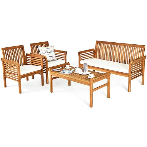 4 Piece Outdoor Acacia Wood Sofa Set with Water Resistant