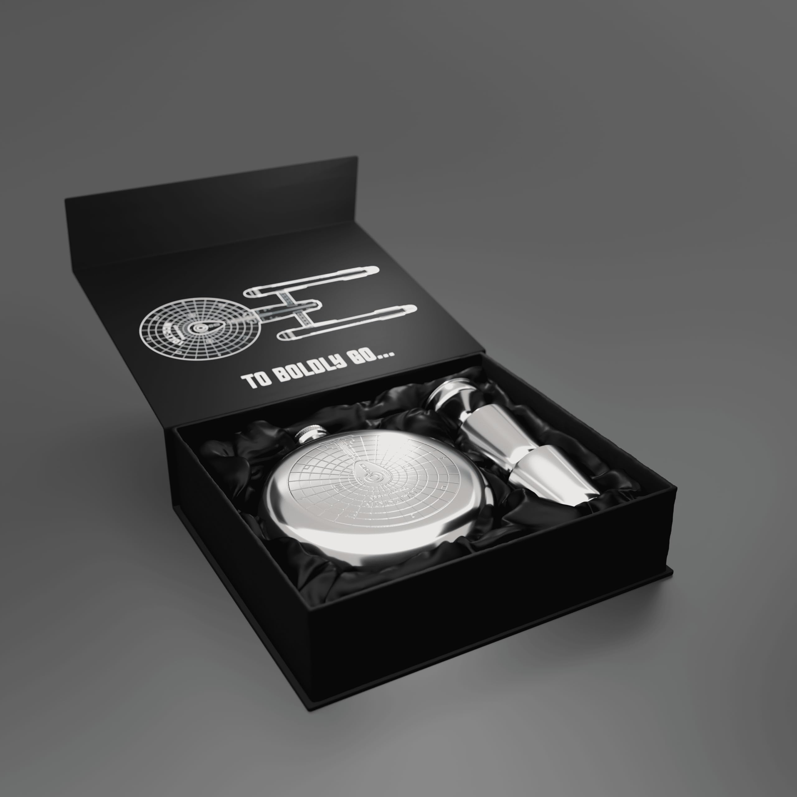 Star Trek Enterprise Flachmann – Offiziell lizenziertes Star Trek Merchandise Star Trek Edelstahl-Flachmann Geschenkset mit 2 x 30 ml Edelstahl-Schnapsgläsern und 1 x Einfülltrichter