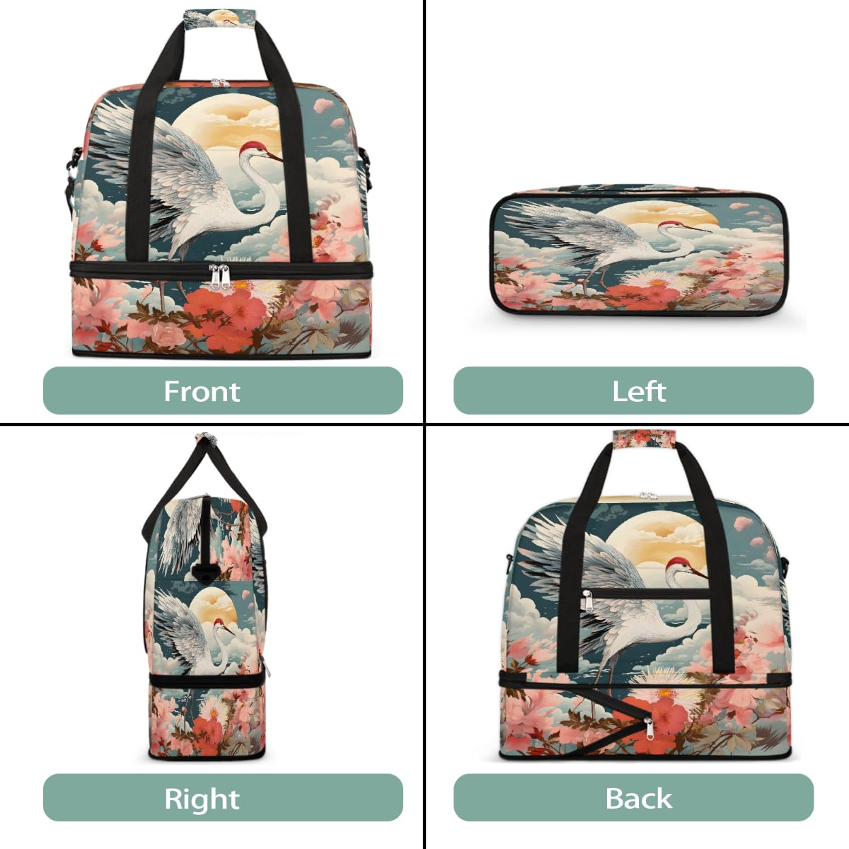 Borsone da viaggio pieghevole da viaggio con gru con corona rossa, borsa da palestra espandibile con scomparto per scarpe, borsa da weekend di grande capacità, borsa da viaggio per viaggi, sport