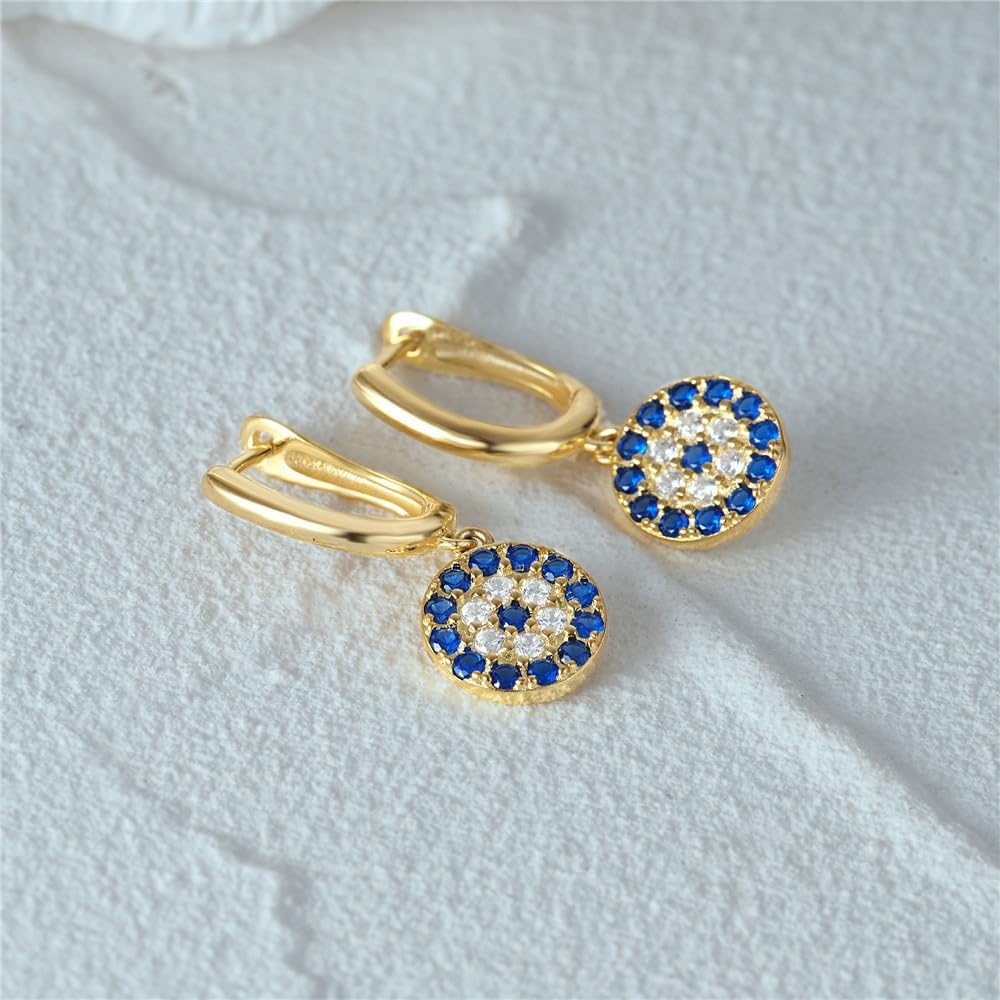 SUYACS Gold Plated Evil Eye Drop Dangle Earrings for Women S925 Sterling Silver Post Lucky Blue CZ Hoop Huggie Earring Dainty Hypoallergenic Earring Religious Ornament Jewelry Chsristmas Gifts
