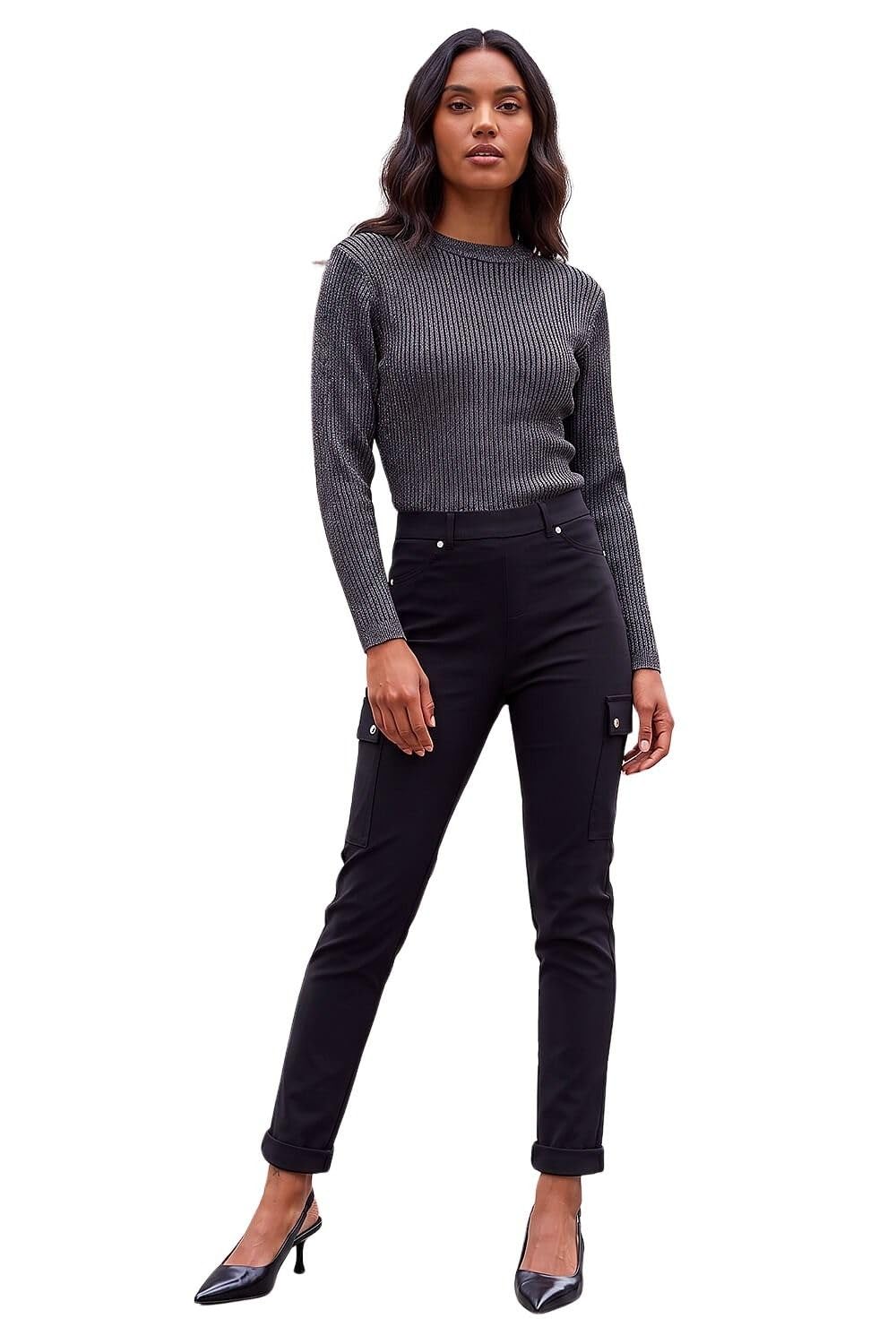 Roman Women's Black Turn Up Stretch Cargo Trousers In | Size: 10