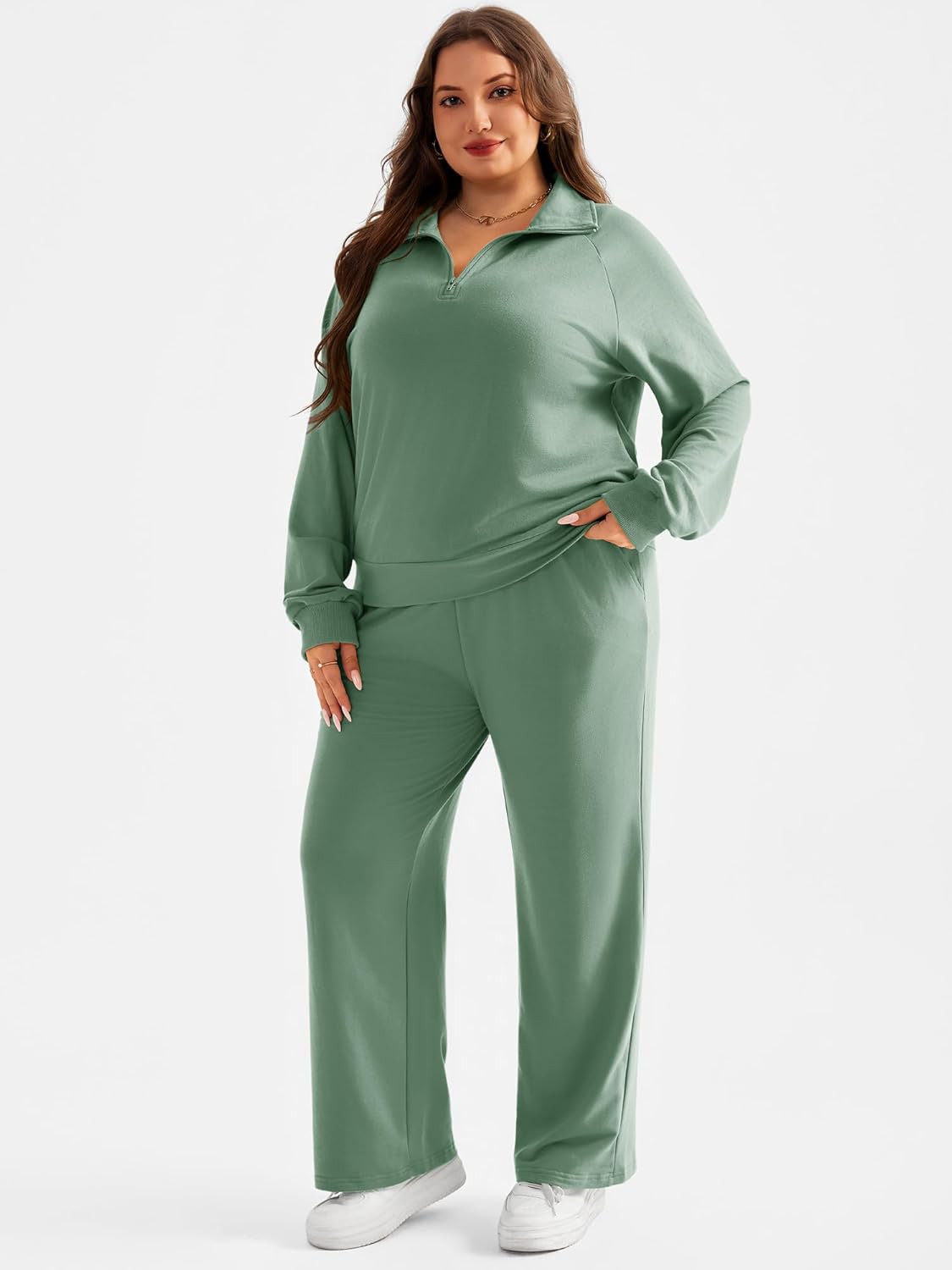 Chulianyouhuo Womens Plus Size 2 Piece Outfits Lapel Half Zip Sweatshirts Wide Leg Pants Tracksuits Lounge Matching Sets