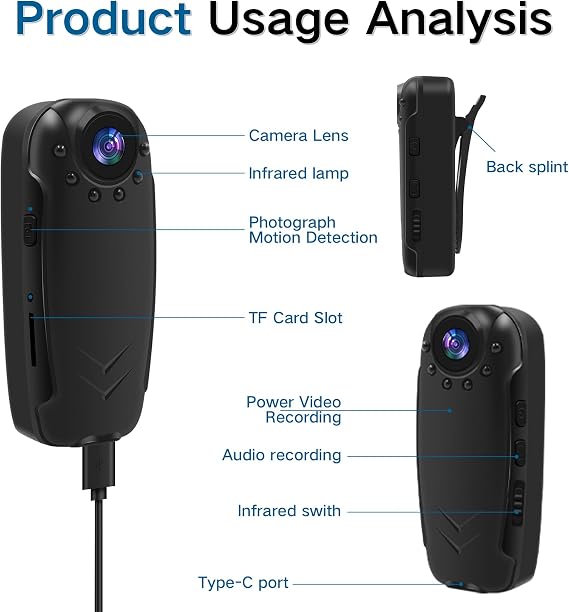 Mini Body Camera with Audio and Video Recording - 64G POV Camera Action Cam Thumb Size Hands Free Body Mount Camera - Wearable Camcorder for Work, Travel, Pet Walk Vlog