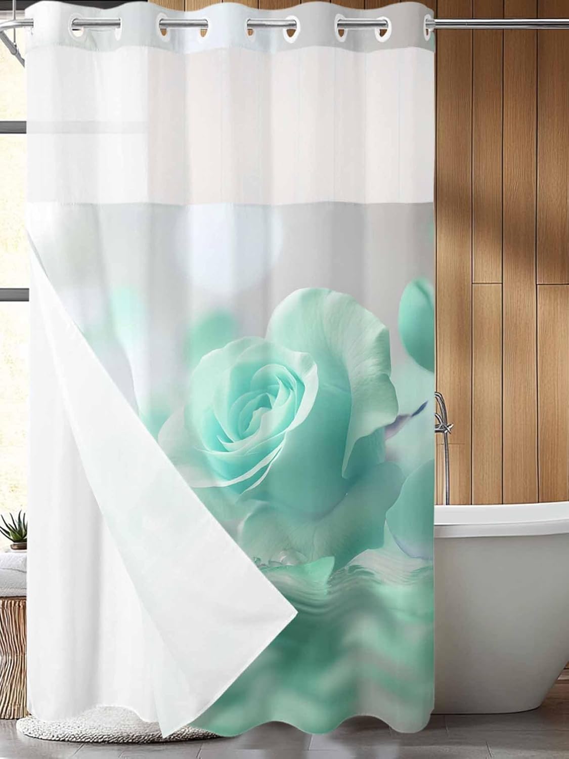 No Hook Shower Curtain, Green Rose Fantasy Small Shower Curtains with Snap in Liner, Elegance Floral Romantic Reflection Waterproof Washable Fabric Bathroom Curtain Sets, 36" x 78"