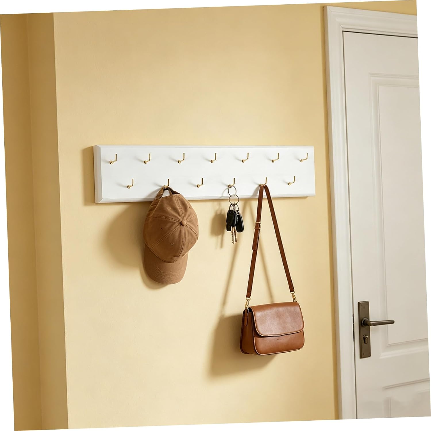 VICASKY Wooden Wall Mounted Belt Rack Compact Belt Organizer White with 13 Hooks Stylish Storage Solution that Adds Aesthetic Appeal and Blends into Decor Styles for Closet and Door