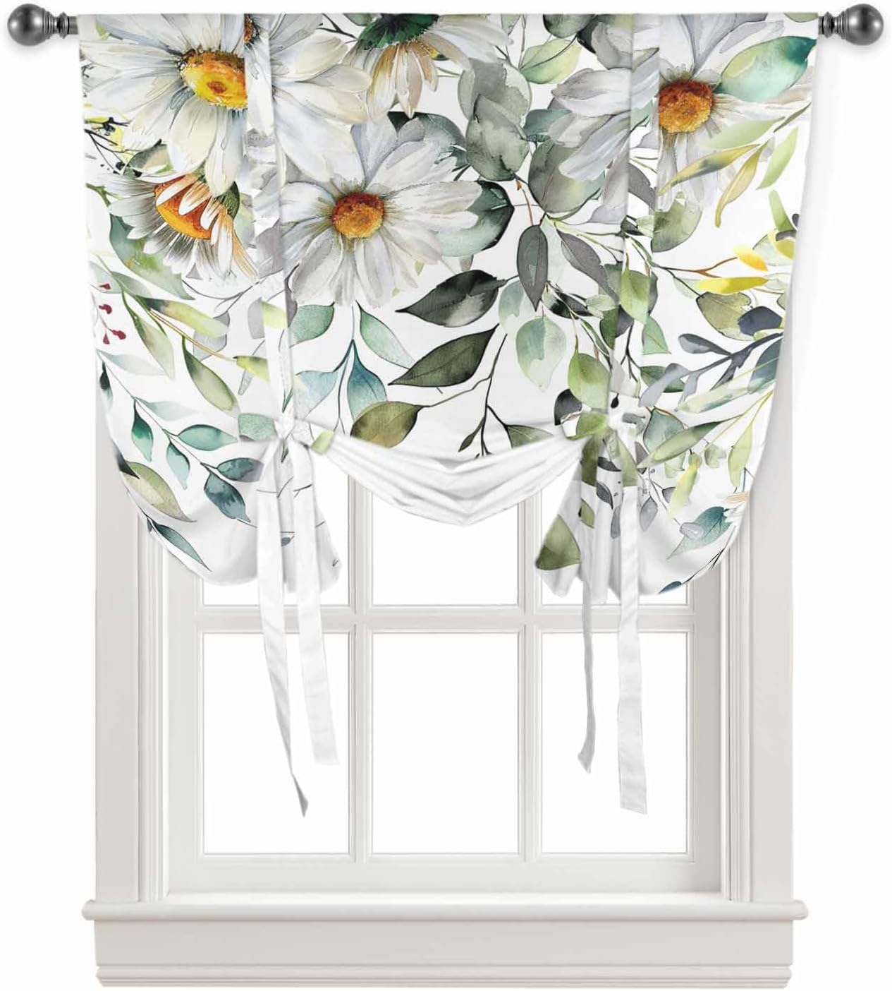 Spring Summer Curtain Valance and Tier Curtain Set 3PCS Rod Pocket Pastoral Plants Eucalyptus Leaves Lemon Flowers Green Valances for Windows Kitchen Cafe Valance Curtains 24 Inch Length Tier Valance