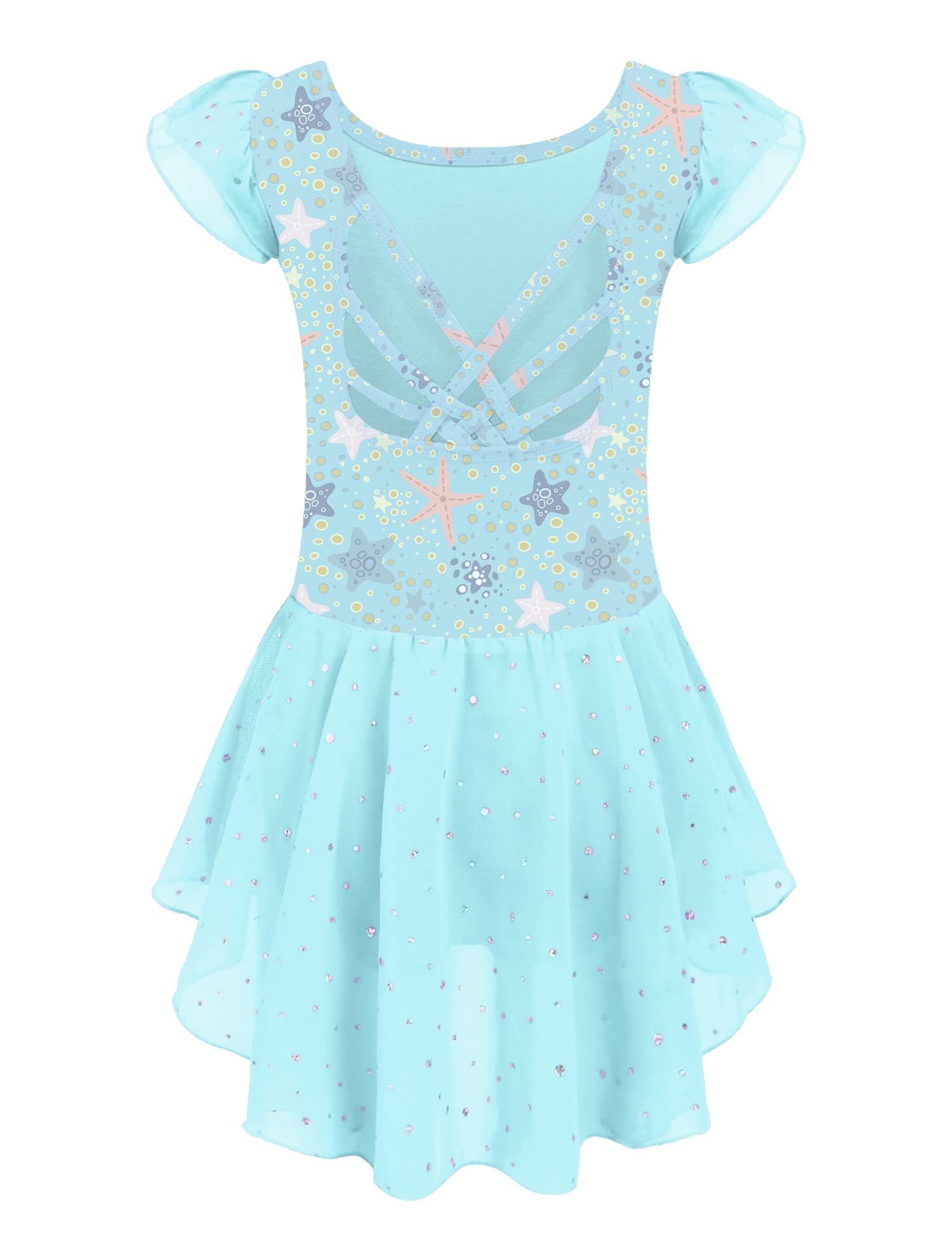 Arshiner Traje de Ballet para Niñas de 2-10 Años Sin Espalda Manga Corta Ropa de Danza Mono de Algodón con Falda Irregular con Lentejuelas — view 14