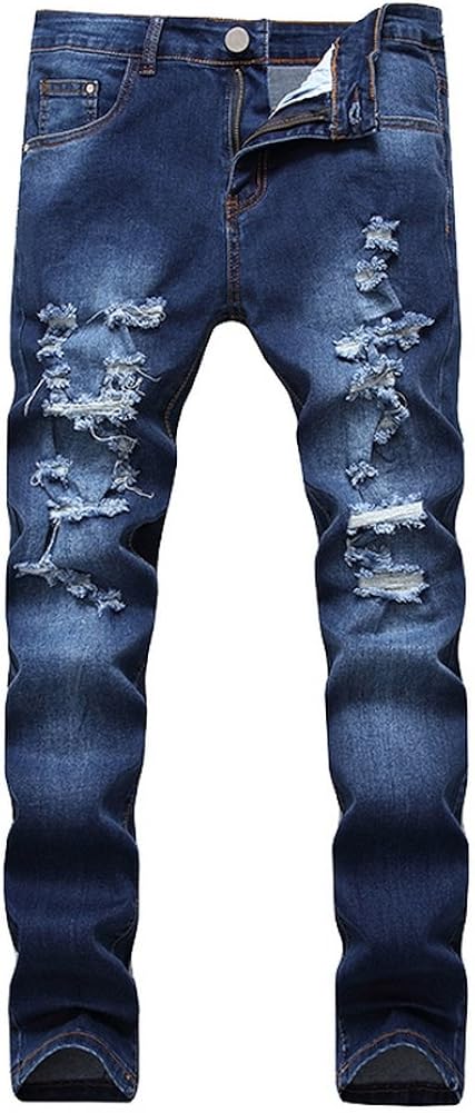 Men's Blue Slim Skinny Fit Distressed Ripped Elastic Tapered Leg Denim Jeans