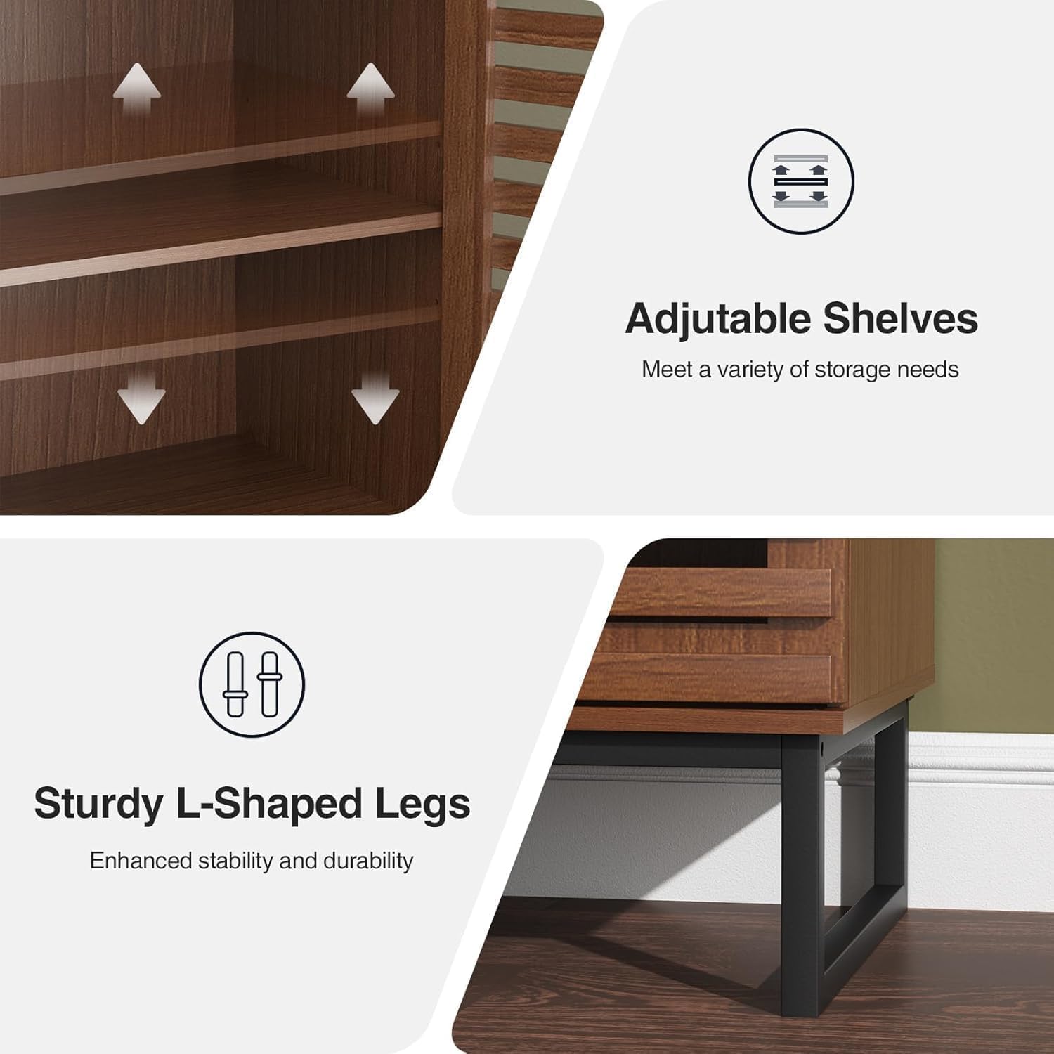 51" Tall Mid Century Modern Storage Cabinet, Walnut Brown Sideboard Buffet with Storage, with Slatted Grille Doors & Adjustable Shelves, for Kitchen, Dining Room, Living Room