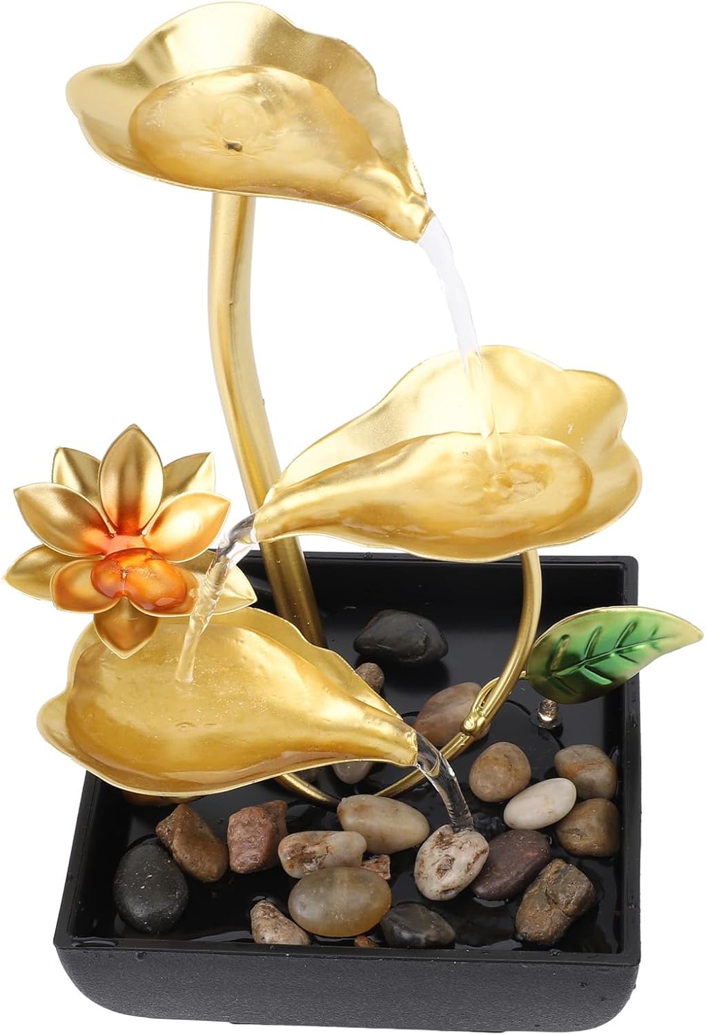 Pwshymi Leaf Tabletop Waterfall Fountain 3 Tier LED Light Adjustable Flowing Water for Home Office Desk, Iron Plastic Desk Relaxation Waterfall Fountain for Bedroom Study, USB 5V Warm Light