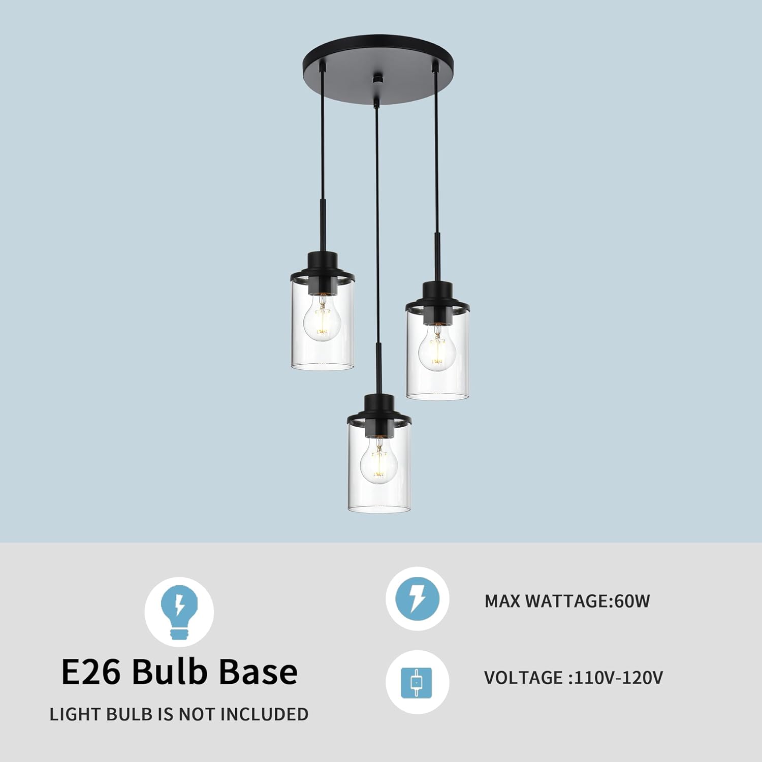 Vintage 3-Light Pendant Lights,Black Round Chandelier Hanging Lighting Rustic Ceiling Lights Fixtures with Clear Glass Shade Dining Room Lights for Kitchen Island Sink Hallway, Living Room