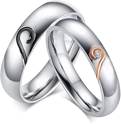 ROWAG 5MM Stainless Steel Mens Promise Heart Shape Couple Wedding Rings 4MM Womens Cubic Zirconia CZ for Him and Her Engagement Bands