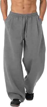 Mens Baggy Casual Pants Wide Leg Barrel Sweatpants Elastic Waist Drawstring Lounge with Deep Pockets