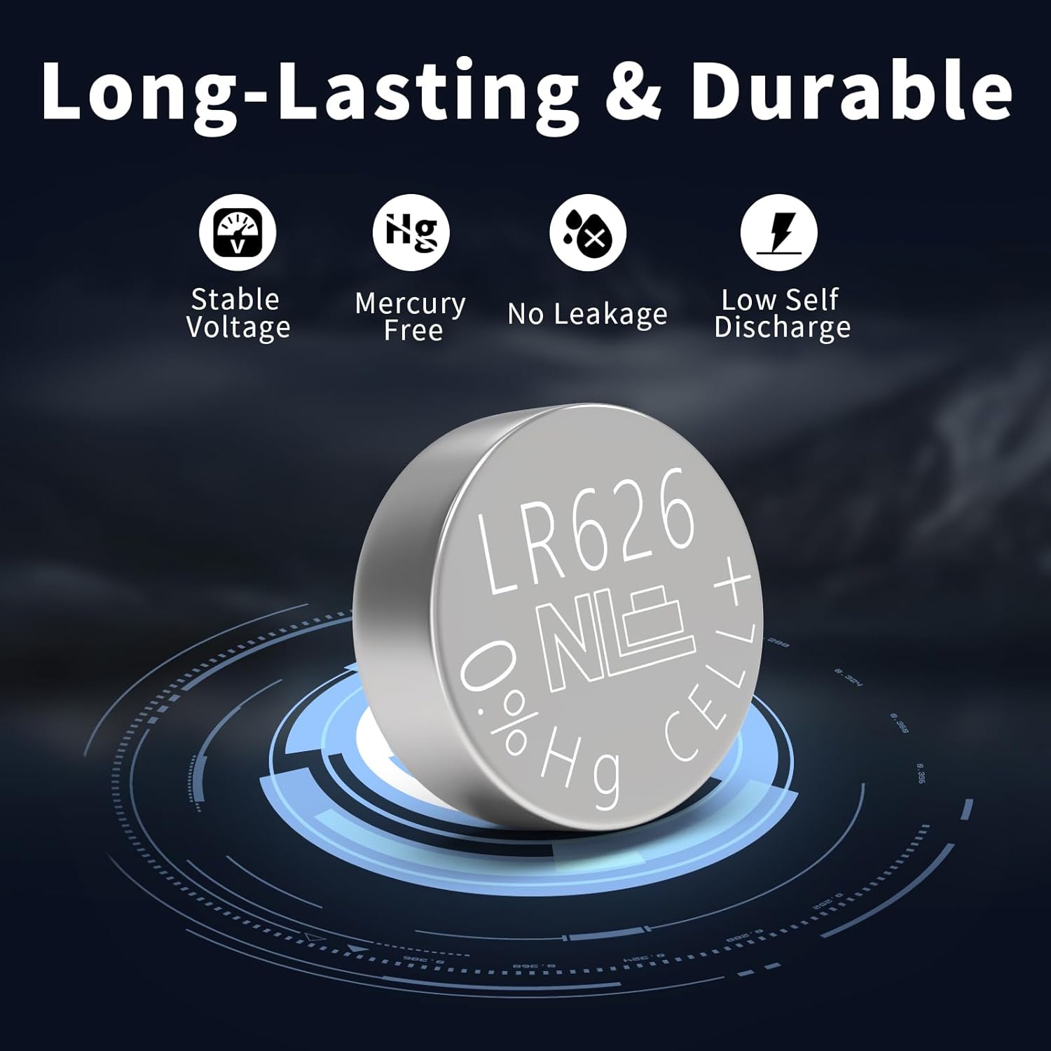 Graphic highlighting the durability features of PKCELL LR626 batteries: stable voltage, mercury-free composition, no leakage design, and low self-discharge rate.
