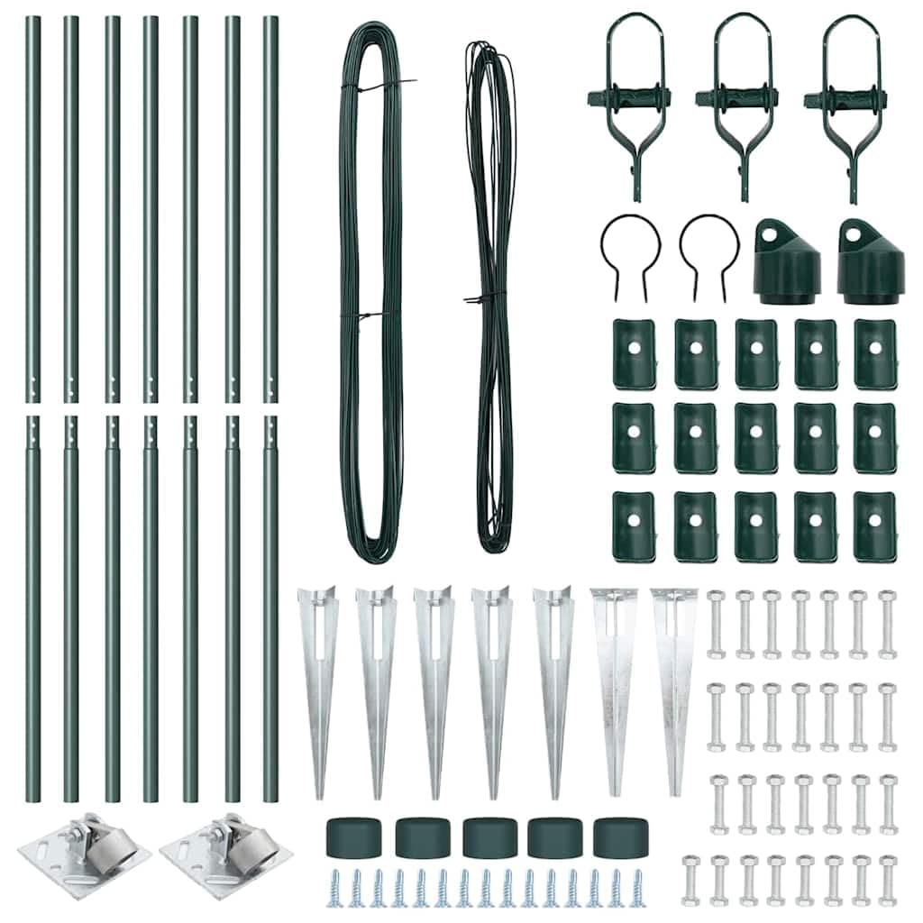 Postes de valla con manguito de impacto de acero con recubrimiento en polvo, 3,2 cm, 180 cm, 7 piezas, verde, para jardín, terraza, parcela, resistente a la intemperie, con accesorios de
