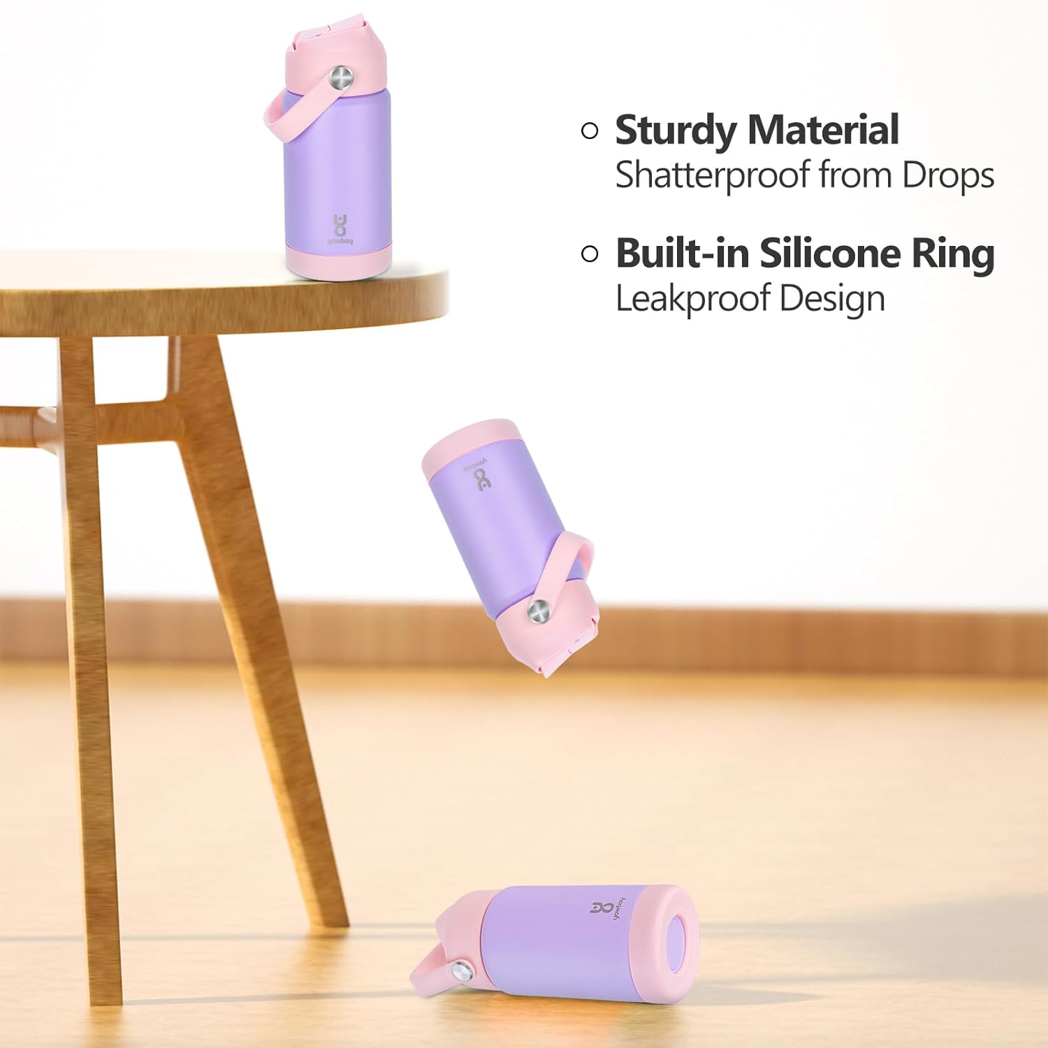 Kids Insulated Water Bottle with Straw Lid & Silicone Handle,12oz Kids Leak Proof Water Bottle for School Boys Girls,Double Wall Vacuum Stainless Steel with Non-slip Silicone Base(Light Purple) - Image 6