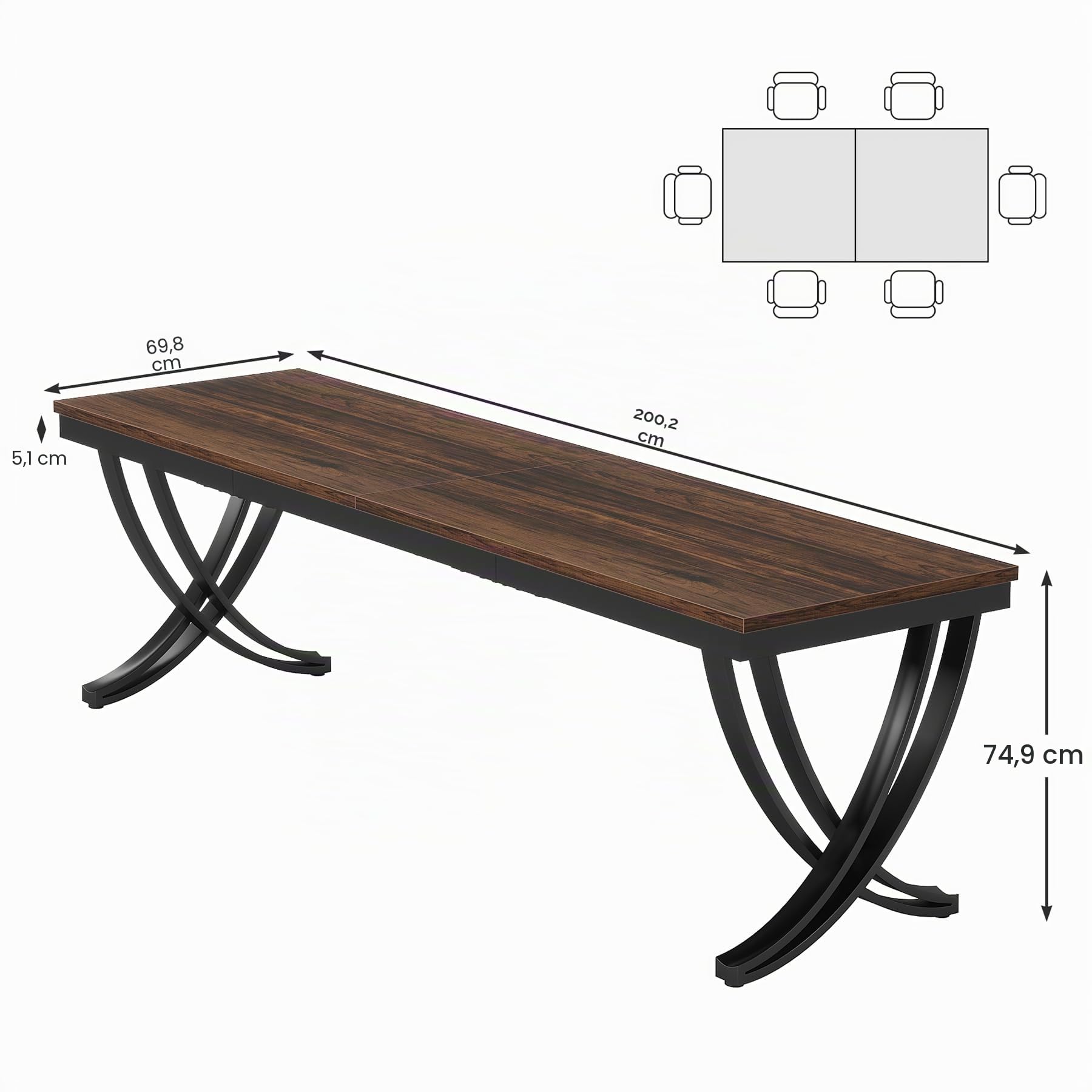 Tribesigns Mesa de comedor para 6-8 personas, mesa salón, 200 x 70 x 75 cm, rectangular, mesa de cocina, mesa de comedor y cocina, sala de estar, diseño industrial, marrón rústico