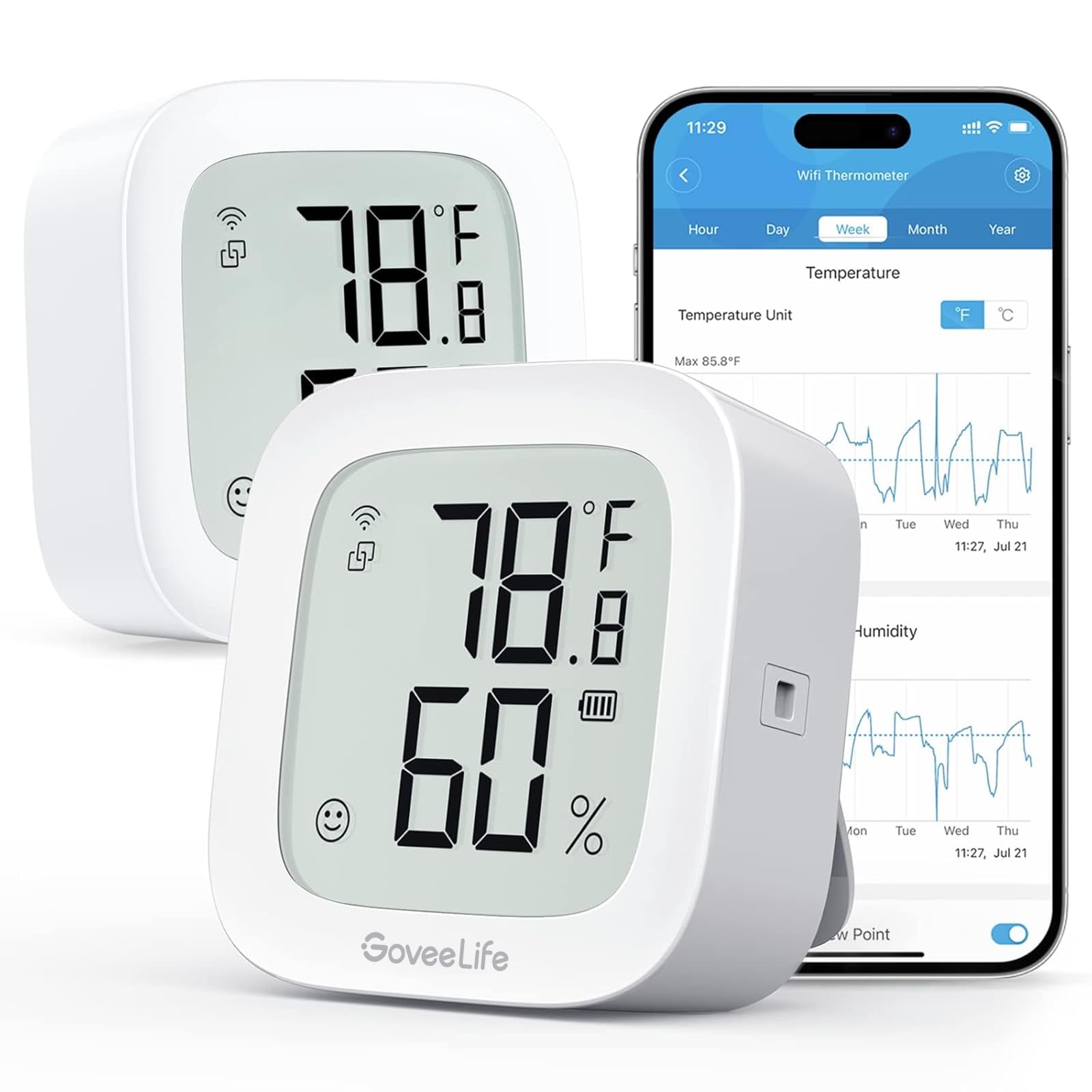 GoveeLife Igrometro senza fili, termometro digitale per temperatura e umidità interna con applicazione, avviso di allarme e archiviazione dati, controllo remoto, adatto per camera da letto, 2 Pack
