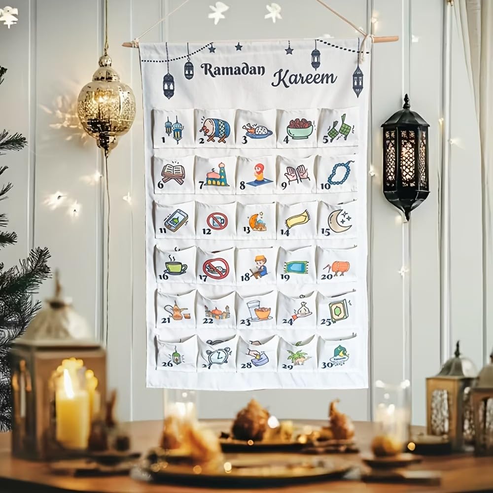 Leinwand Wand-Organizer für Ramadan | Eid Mubarak Countdown Kalender & Tägliche Überraschungen | Multifunktionaler Ramadan Adventskalender