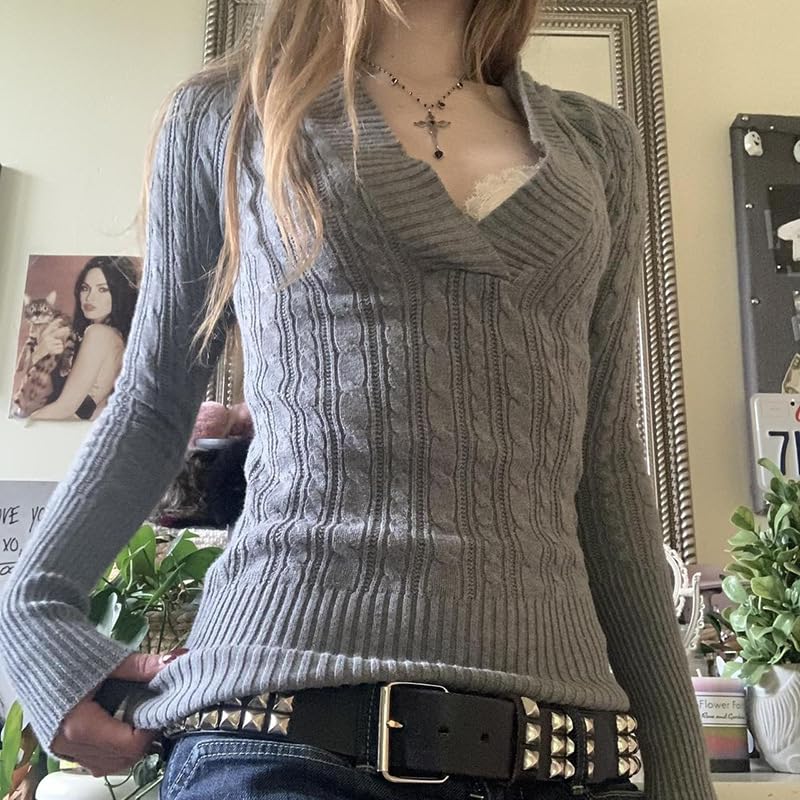 Women Rib Knit Long Sleeve Crop Tops Vintage V-Neck Hooded Knitwear Blouses Top Retro Pullover Sweater Top Streetwear2