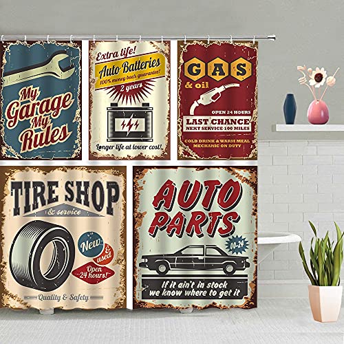 Antique Cars Shower Curtain 1950S License Plate Garage Poster Retro Country American Repair Vintage Nostalgic Letter Bathroom Decor Curtains Accessories Polyester Burgundy Red Fabric 70 X 70 Inch #TOP1