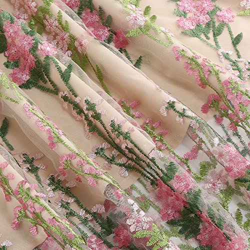 Iwemek Double V Neck Floral Embroidery Dress For Women Plunge Neckline Sleeveless Embroidered Dress Summer A-Line Tulle Flower Prom Dress Vintage Cocktail Wedding Evening Party Dress Apricot-Pink Flower M thumb #5