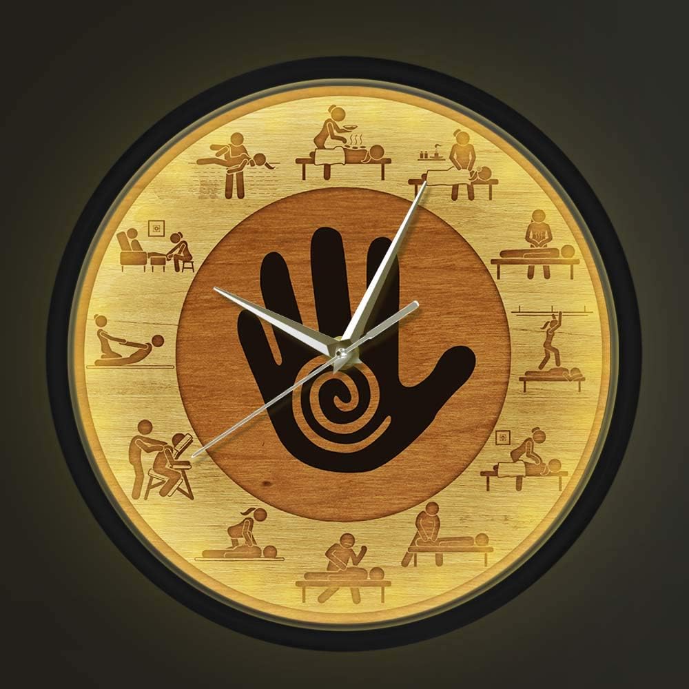 Geek Alerts Massage Physical Therapy Silent Wall Clock with Sound Control LED Night Light,Massage People Relax Body Care Spa Salon Therapist Metal Frame Lighting Watch Office Business Sign