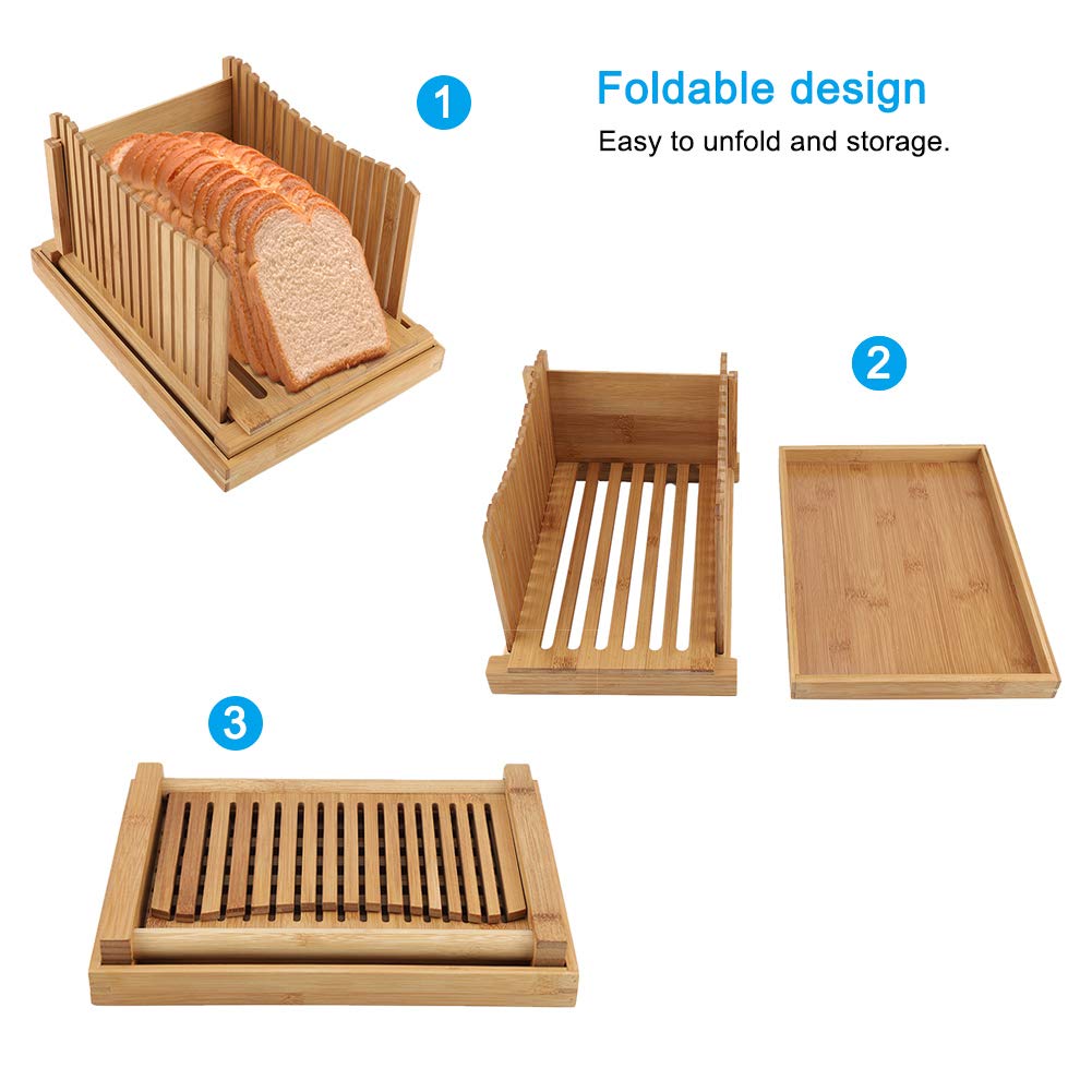 Cortador de pan de bambú con recogedor de migas, guía de corte plegable y compacta para tostadas, pasteles, bagels, sándwich, ideal para entusiastas de la cocina y la repostería