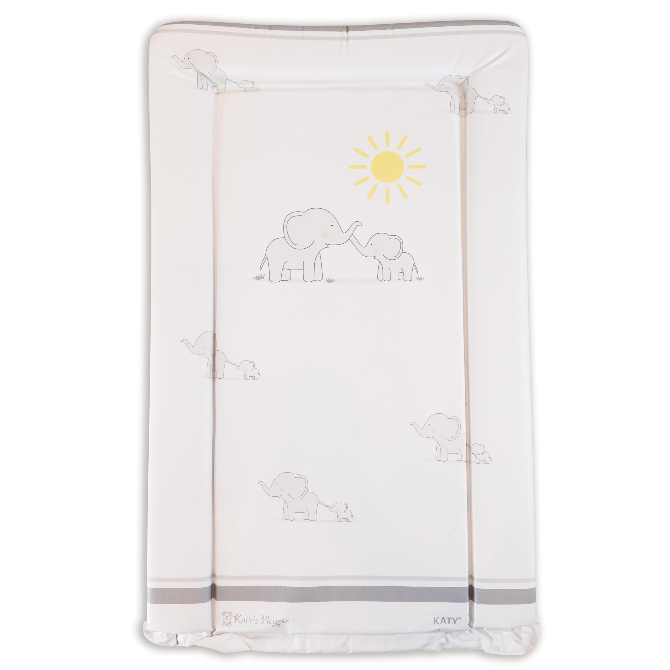 KATY Deluxe Baby Unisex Waterproof Wipeable Changing Mat with Raised Edges – Elephant Love Design White Grey