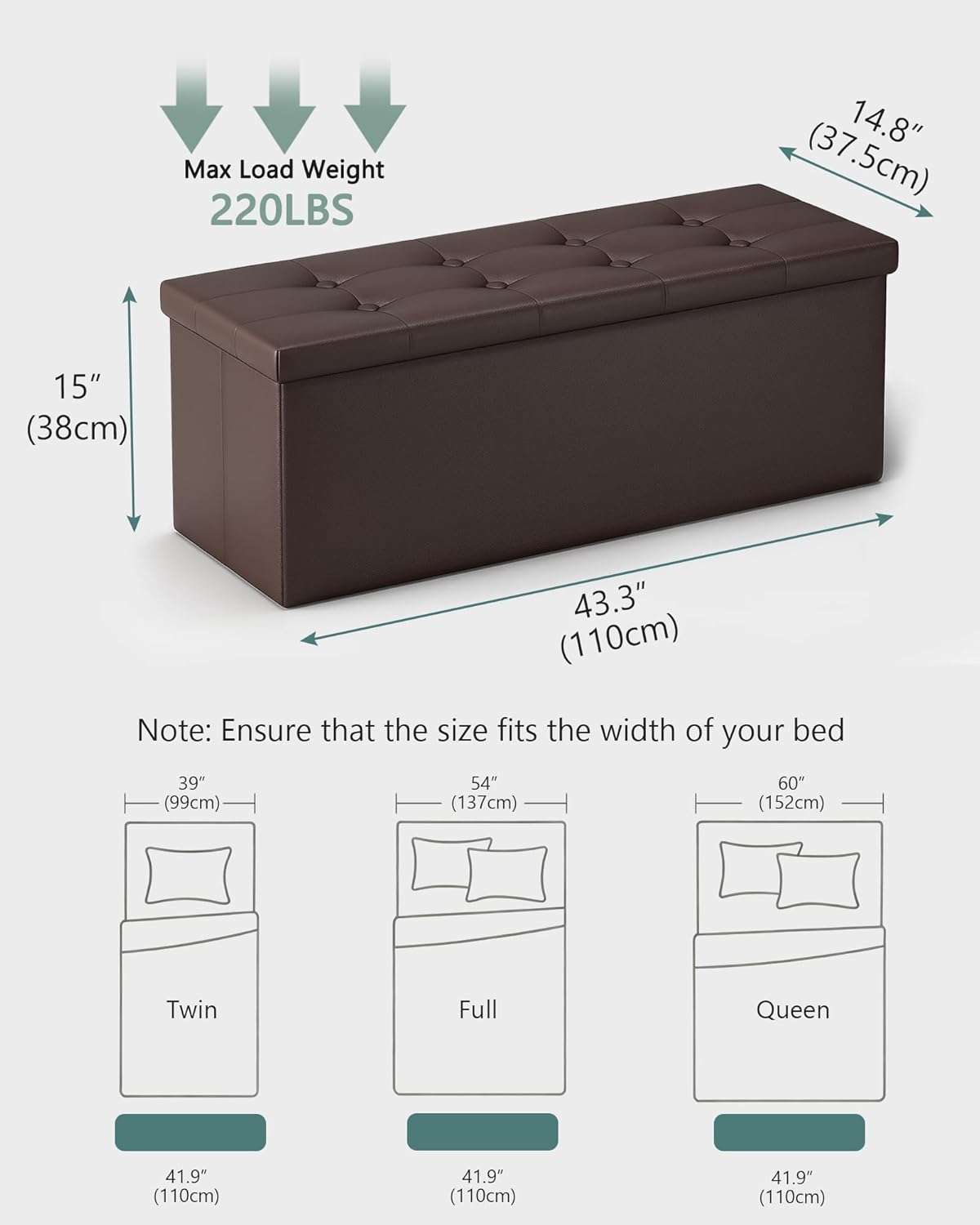 LITZFUR 43 Inches Folding Storage Ottoman Bench, PU Leather Storage Chest, Footrest Padded Seat for Bedroom and Hallway, Holds up to 660 lbs, Brown