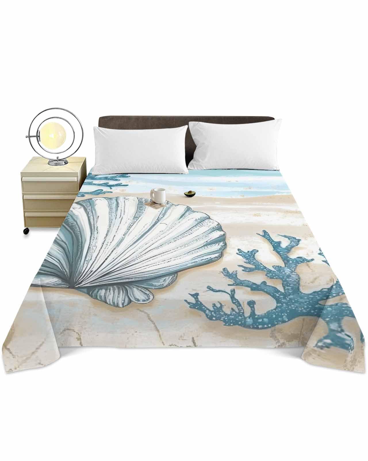 Twin XL Top Sheet Bedding Flat Sheet Only, Cartoon Shell Gradient Blue Waves Soft Microfiber Bed Sheets Hotel Luxury, Summer Ocean Beach Coral Breathable Top Sheets Easy Care
