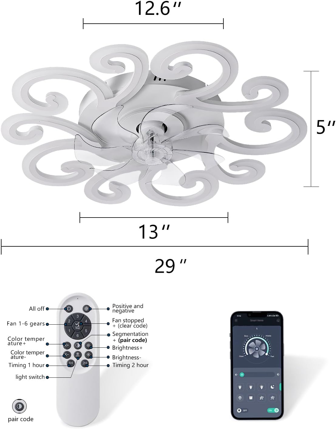 Remote-Controlled Ceiling Fan with Light, Modern Ceiling Fan with Lighting, Stepless Dimming with Color Temperature Adjustment, 6-Speed Settings, Suitable for Bedrooms and Living Rooms (White)