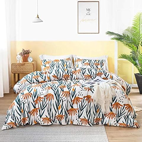 SUSYBAO Orange Flower Duvet Cover Queen 100% Cotton Botanical Floral Duvet Cover Set 3 Pieces 1 Vintage Leaves Patterned Duvet Cover with Zipper Ties 2 Pillowcases Luxury Soft Orange Sunflower Bedding Cover