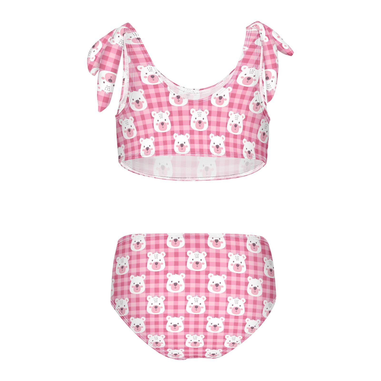 MNSRUU Girls Swimsuits Pink Checkered Bear Face Tankini Bathing Suits for Girls Two Piece Summer Beach Swimwear, Cute Bikini Swimsuit Set 3T