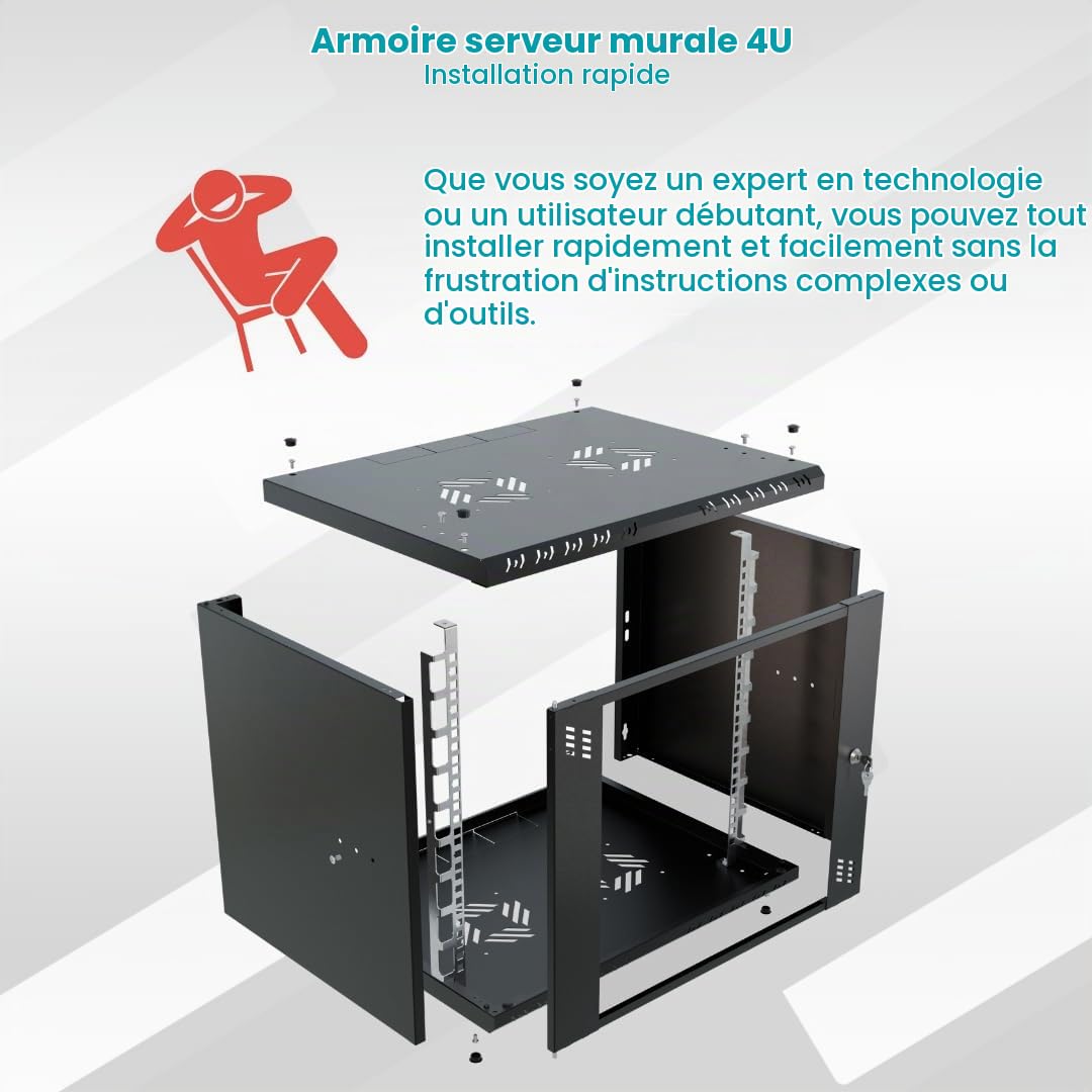 Armoire Réseau 19 Pouces - Baie Informatique 4U - Baie de Brassage pour Montage Mural - Capacité de Charge 40 kg - Profondeur 350 mm - Armoire Informatique - Noir