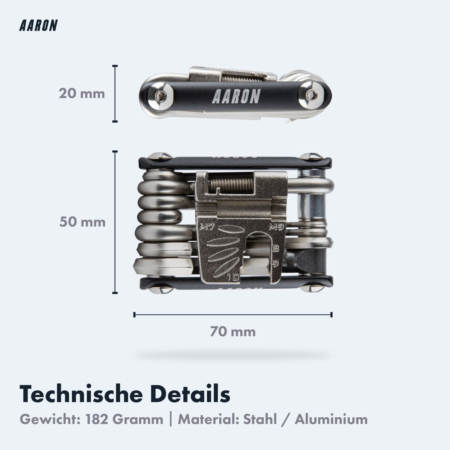 AARON Tool 20 in 1 Multitool - Fahrrad Multifunktionswerkzeug aus rostfreiem Stahl/Aluminium - faltbares Mini Fahrradwerkzeug mit vielen Funktionen - praktisches Bike Tool in Schwarz