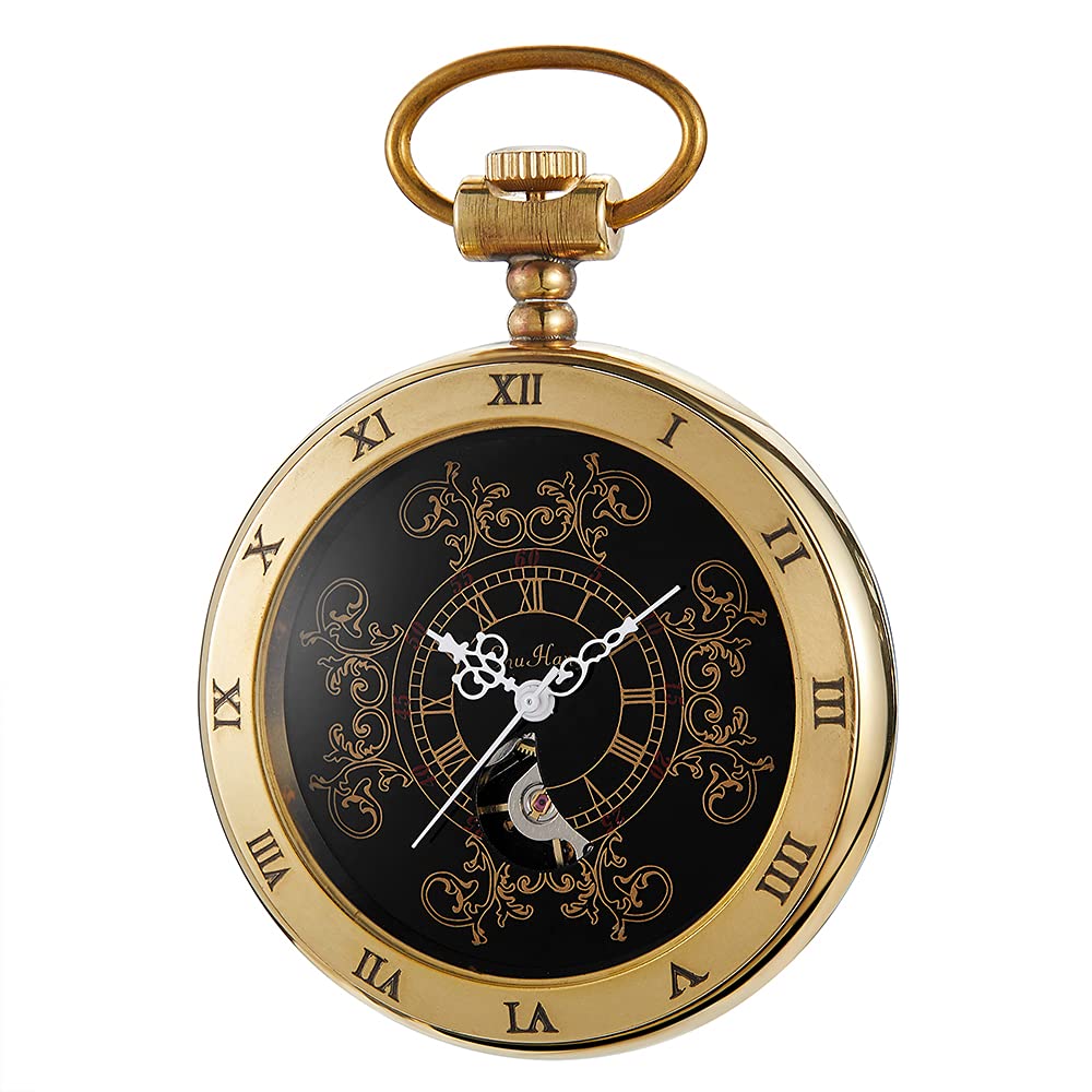 TiongTiong Vintage Gold Roman Number Dial Steampunk Mechanical Pocket Watch Men FOB Chain Hollow Skeleton Steampunk Clock Watches