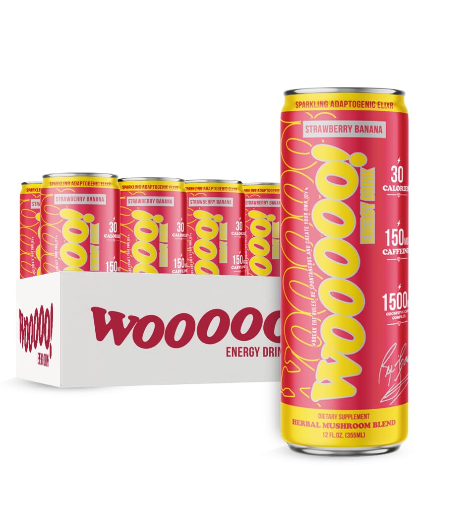 Wooooo! Energy Ric Flair Sparkling Adaptogenic Mushroom Energy Drink | Natural Antioxidants & Nootropics | Lions Mane & Cordyceps | 150mg Caffeine | 12 Pack (Strawberry Banana)