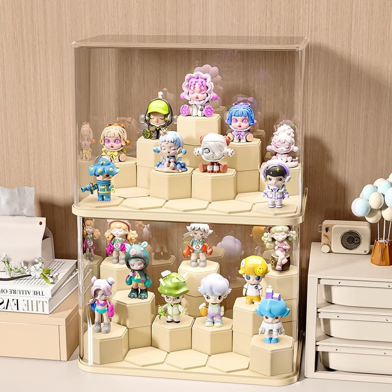 Vitrine empilable en acrylique à 4 niveaux pour jouets Pop Mart et Blind Box avec double porte magnétique, acrylique anti-poussière et vitrine d'exposition peu encombrante, assemblage sans outils